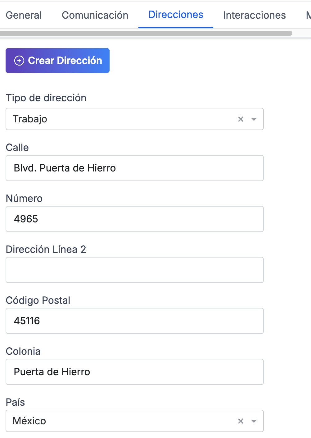 Sección para agregar direcciones fiscal y de envío