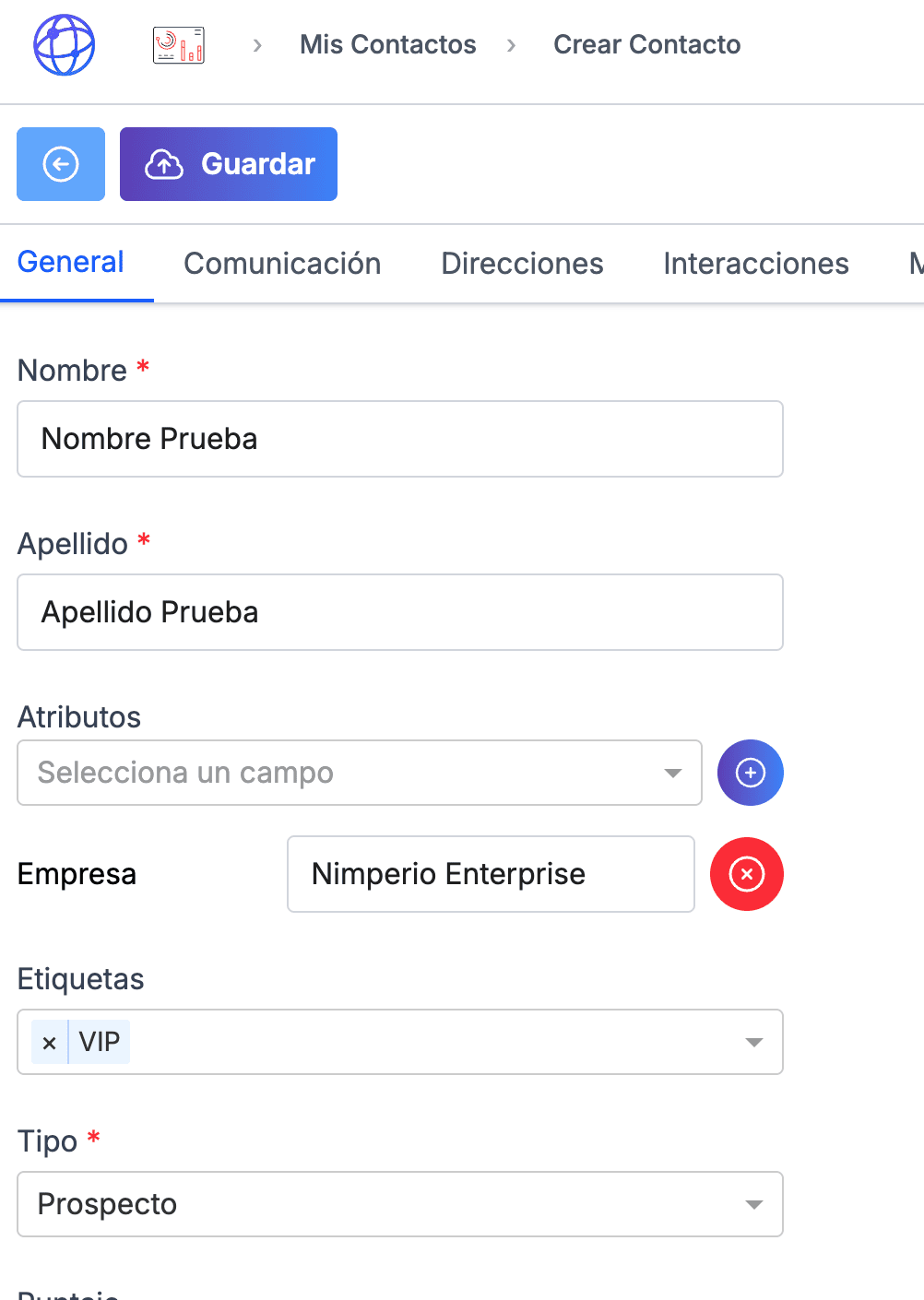 Formulario con datos básicos para crear un contacto o prospecto