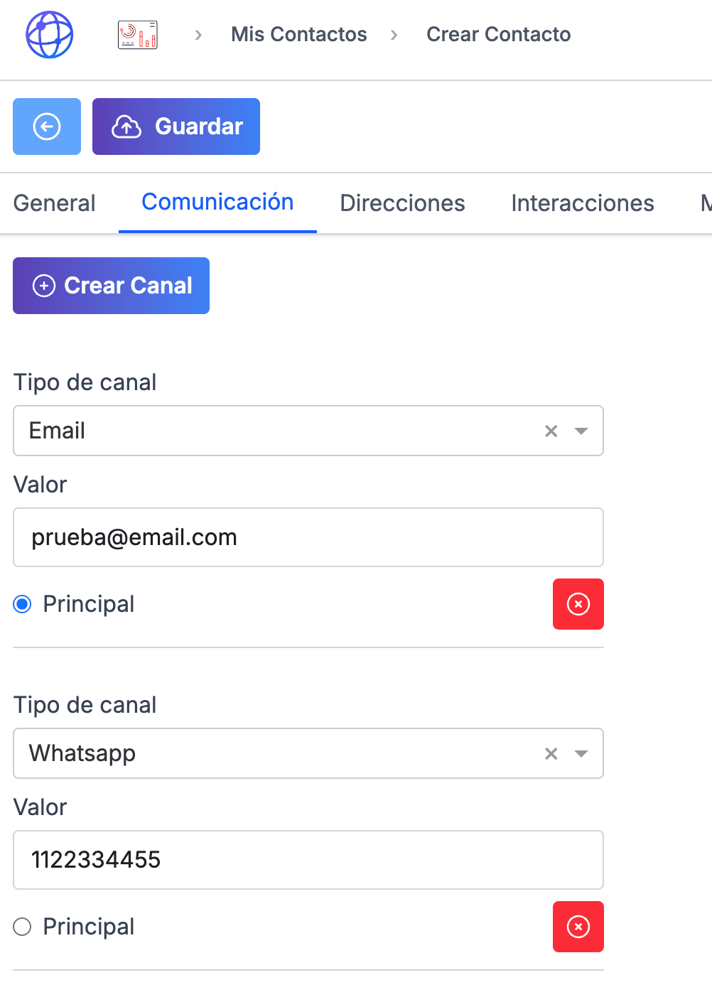 Campos de correo y teléfono/WhatsApp del contacto