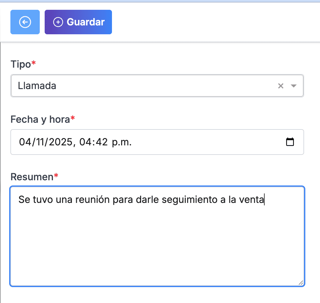 Interacciones del contacto: llamada, WhatsApp, email, visita, nota