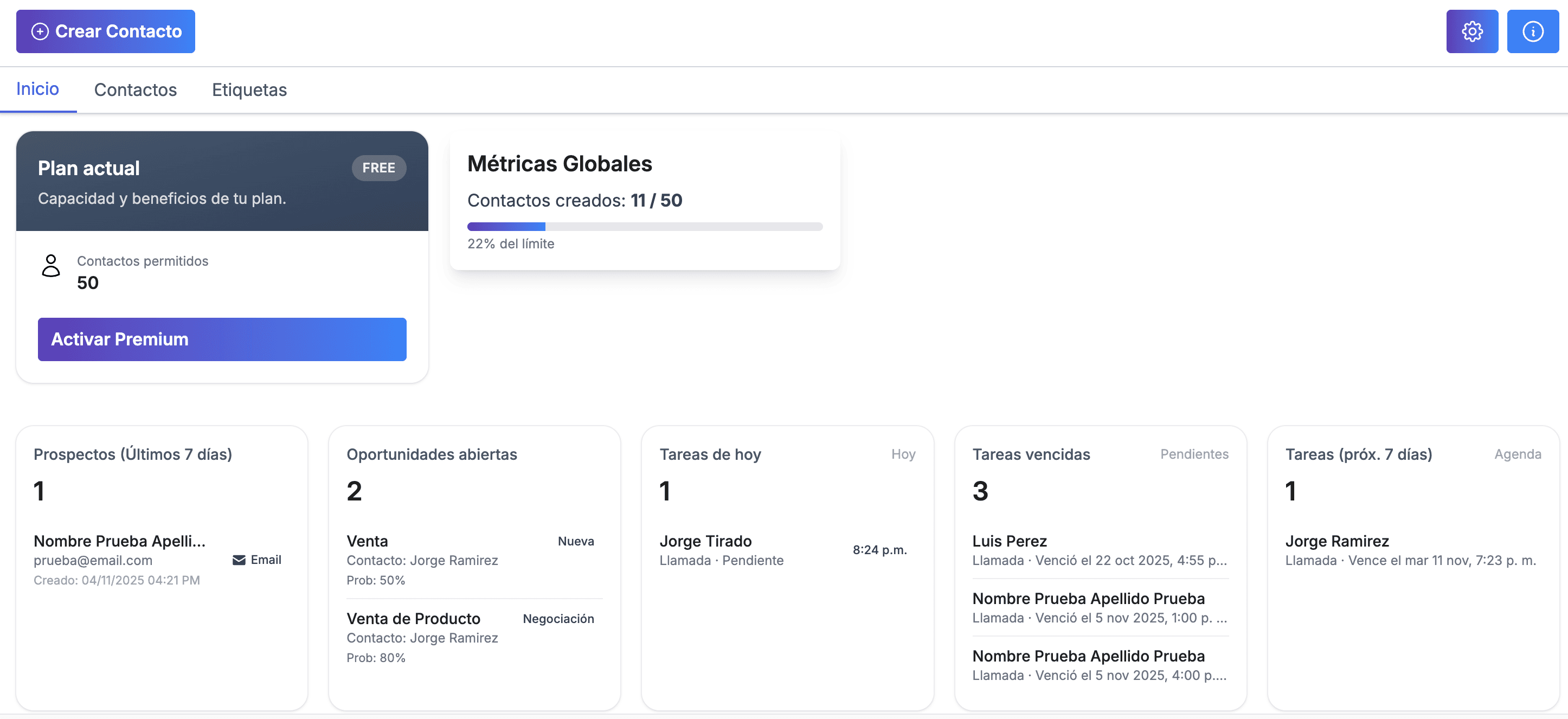 Inicio del CRM: tareas de hoy, prospectos nuevos y embudo simple