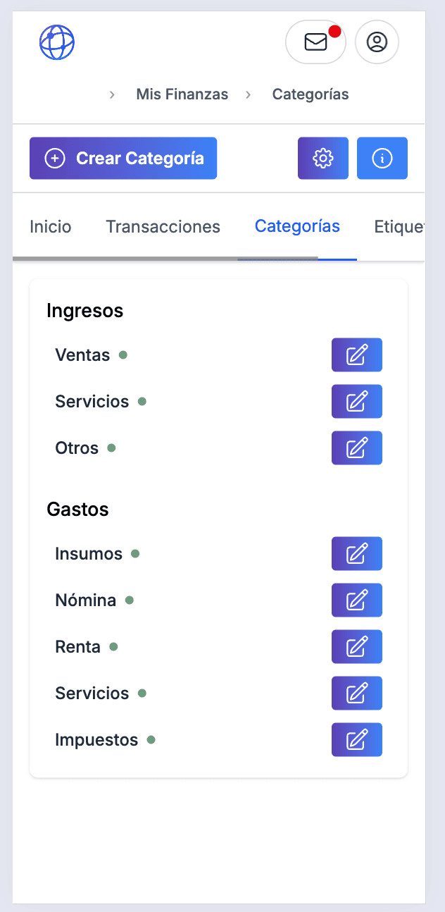 Gestión de categorías: crear, editar o eliminar para clasificar ingresos y egresos