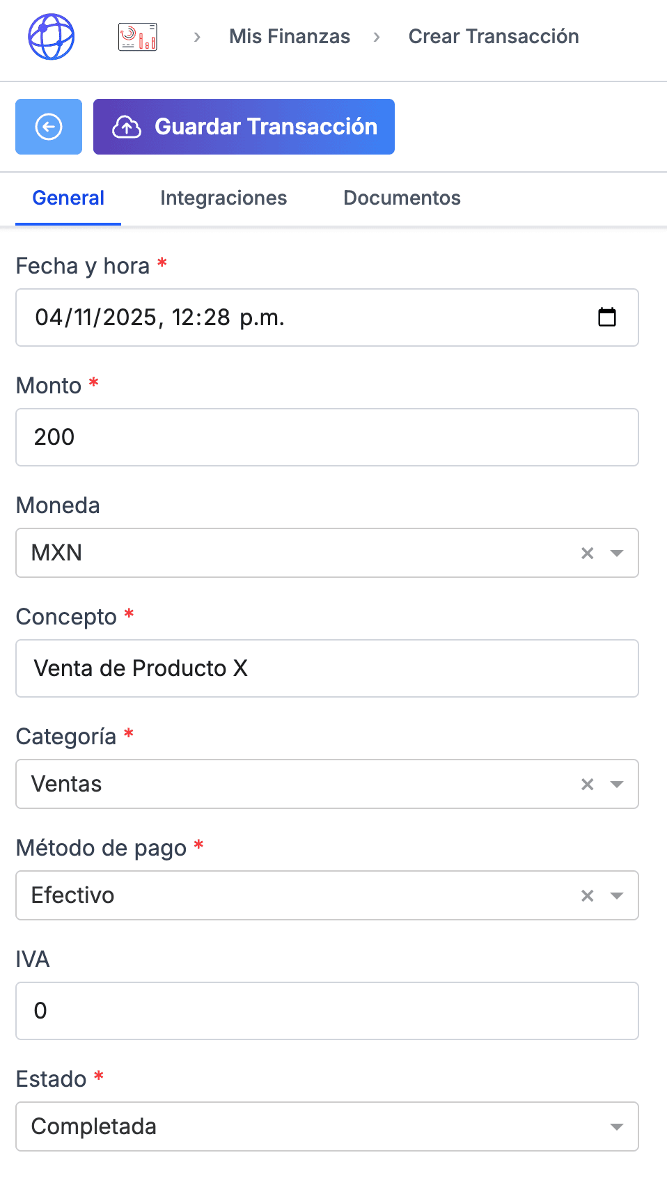 Formulario para crear transacción: categoría, monto y fecha