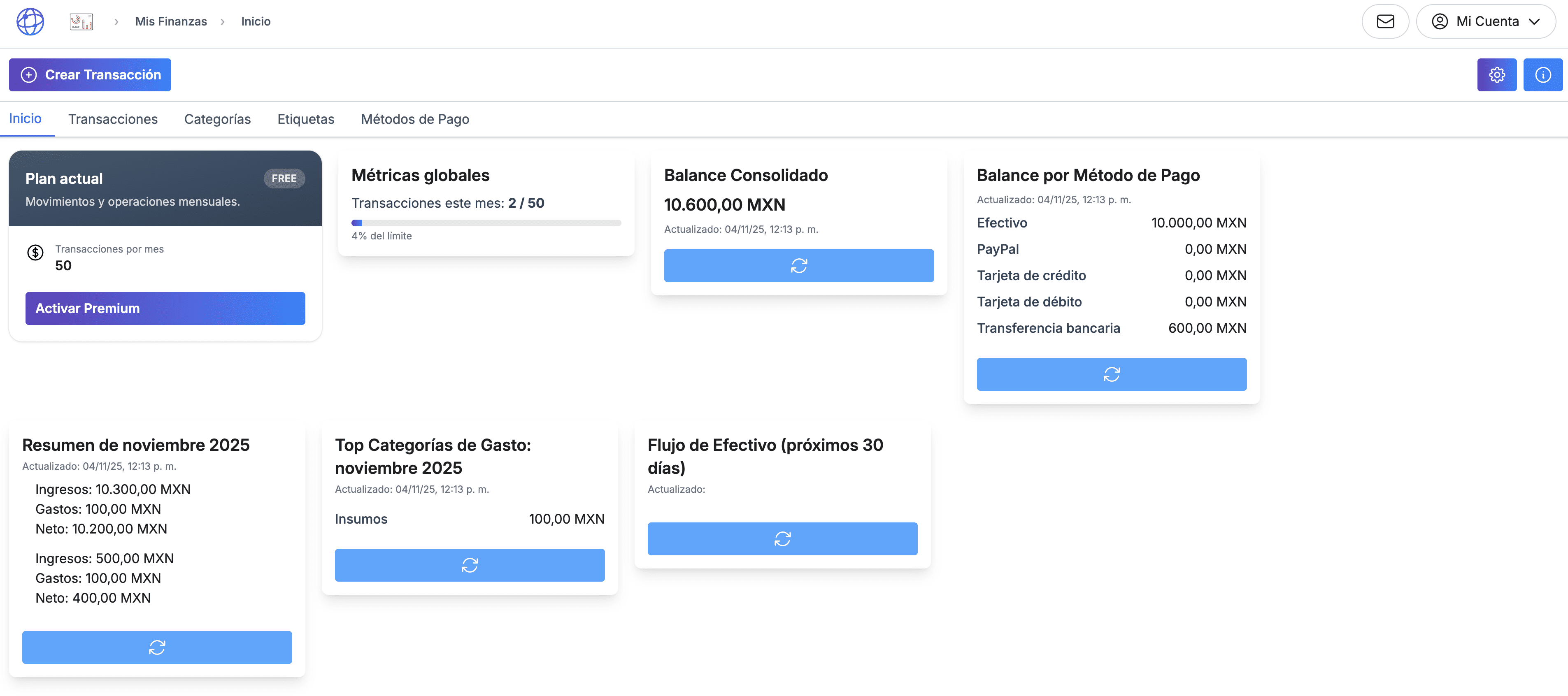 Inicio de Mis Finanzas mostrando el resumen del mes actual: ingresos, egresos y balance