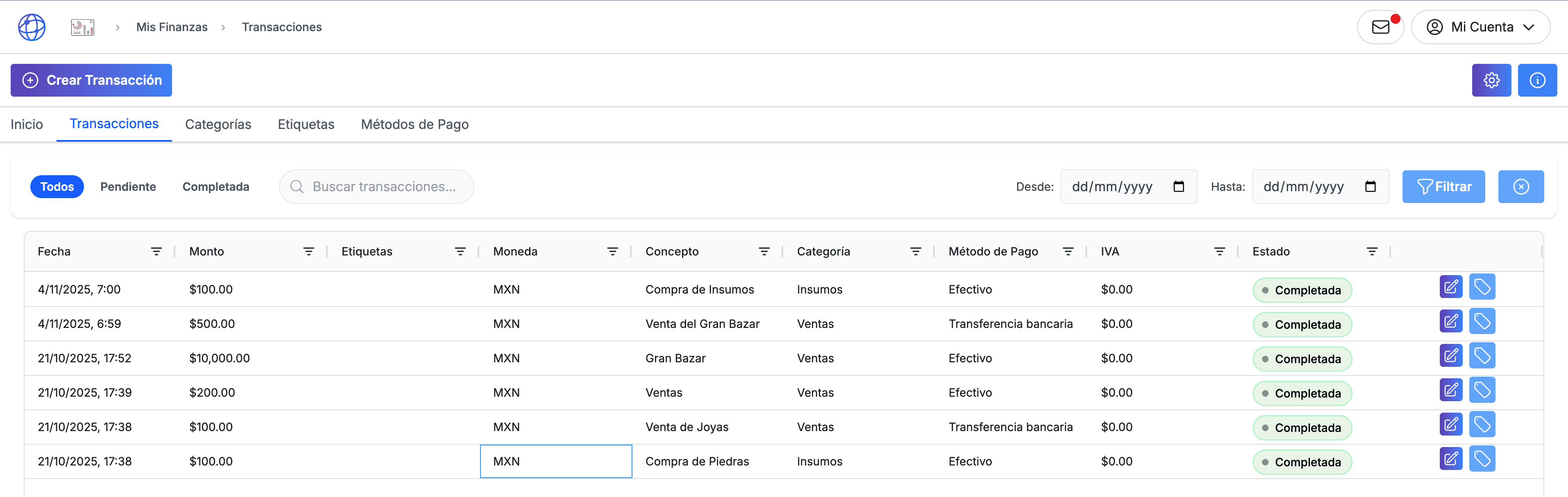Historial de transacciones en escritorio con filtros y exportación