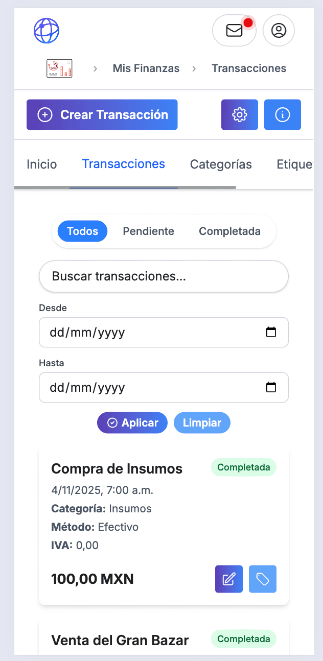 Historial de transacciones en móvil con filtros y exportación