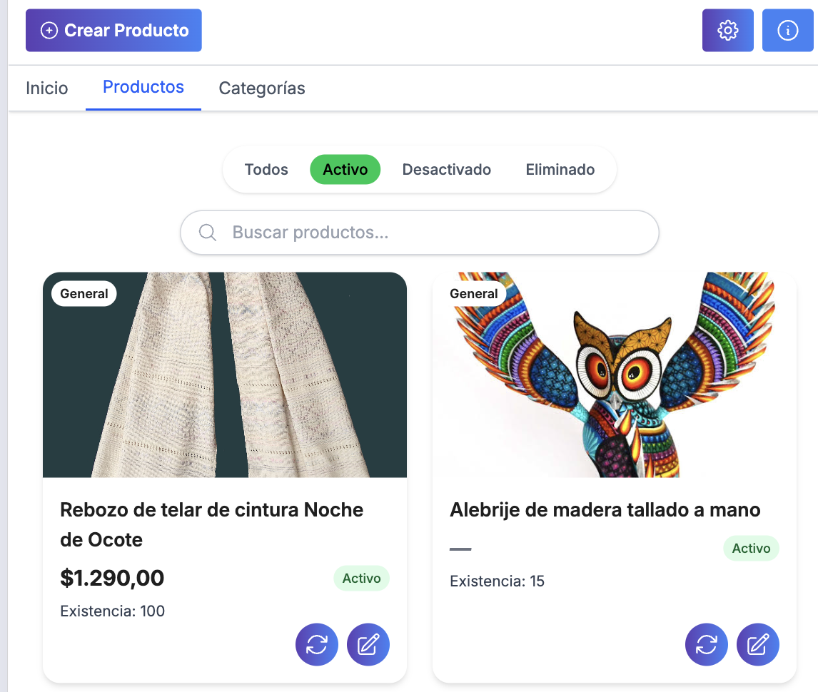 Listado de productos publicados en tu Nimpage